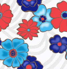 Red, blue and blue flowers on white background, illustration, seamless background.