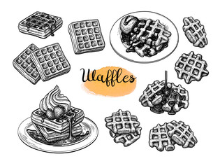 Ink sketches of waffles. - obrazy, fototapety, plakaty