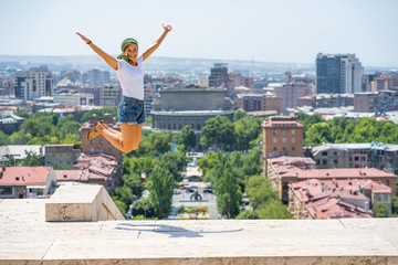 happy tourist visiting Yerevan city, the capital of Armenia, Caucasus