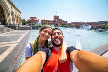 Fototapeta na wymiar happy tourist visiting Yerevan city, the capital of Armenia, Caucasus