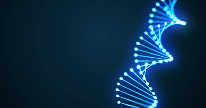 DNA helix spiral 3D loop, gene molecule or chromosome cell of blue light on black background. DNA molecule spiral, genome cell for molecular science and human genetic medicine technology