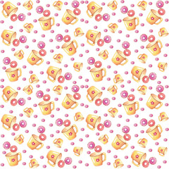 Seamless pattern of watercolor donuts and cups  on a white background. Use for invitations, menus, birthdays
