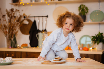 little girl sitting in Christmas kitchen on table