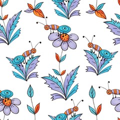 Cute hand drawn marker doodle seamless pattern with funny ants and flowers.