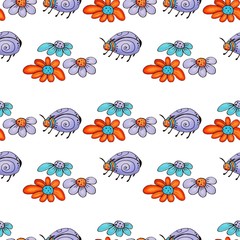 Cute hand drawn marker doodle seamless pattern with funny bugs and flowers.