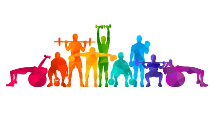 Foto auf Acrylglas Detailed vector illustration silhouettes strong rolling people set girl and man sport fitness gym body-building workout powerlifting health training dumbbells barbell. Healthy lifestyle © Razym