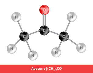 Obraz premium Vector ball-and-stick model of chemical substance. Icon of acetone or propanone molecule consisting of carbon, hydrogen and oxygen. Structural formula suitable for education isolated on white.