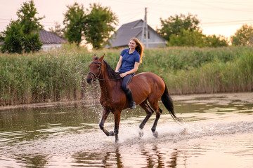 A young girl riding a horse on a shallow lake. A horse runs on water at sunset. Care and walk with...