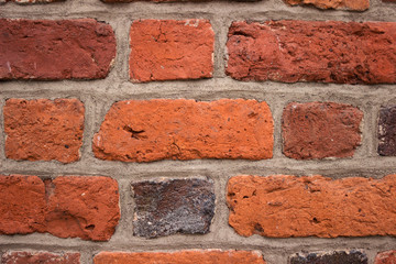 Background, bright red brick wall of an old building. Brick textured masonry