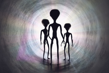 Silhouettes of creepy aliens and bright light in tunnel. 3D rendered illustration. - obrazy, fototapety, plakaty