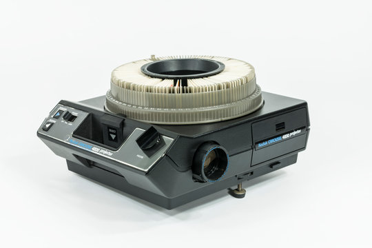 Illustrative editorial photo of old Kodak Carousel Slide Projector model 4200 with white background on November 9, 2019 in Los Angeles, California, USA. 