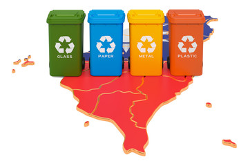 Waste recycling in Taiwan. Colored trash cans on the map of Taiwan, 3D rendering