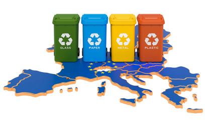 Waste recycling in the European Union. Colored trash cans on the map of the EU, 3D rendering