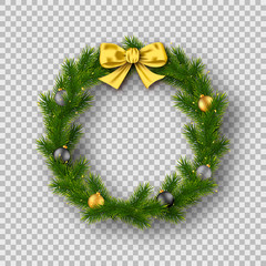 Fototapeta na wymiar Realistic Christmas wreath isolated on transparent background. Vector illustration