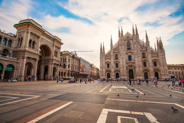 Fototapeta na wymiar Cathedral Duomo di Milano and Vittorio Emanuele gallery in Square Piazza Duomo at sunrise, Milan, Italy, Europe