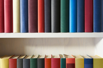 Detail of beautiful books in a white shelf