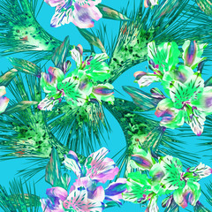 Fototapeta na wymiar Seamless pattern of tropic plants, watercolor illustration.