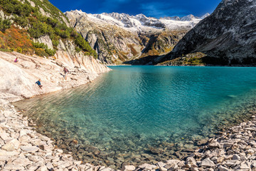 Obraz premium Gelmer Lake near by the Grimselpass in Swiss Alps, Gelmersee, Switzerland, Bernese Oberland, Switzerland