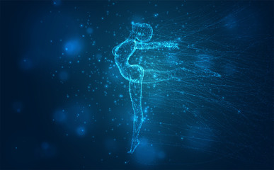 vector blue background, fragile female figure dancing tangled