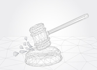 virtual 3d judge’s hammer are on the table. vector background.