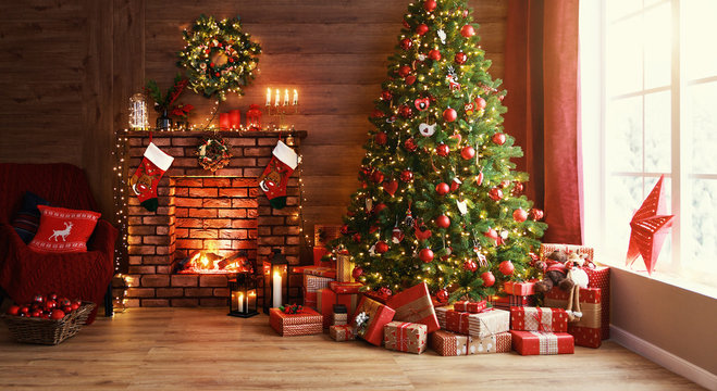 interior christmas. magic glowing tree, fireplace, gifts  .