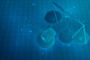virtual 3d scales and a judge’s hammer are on the table. vector background.