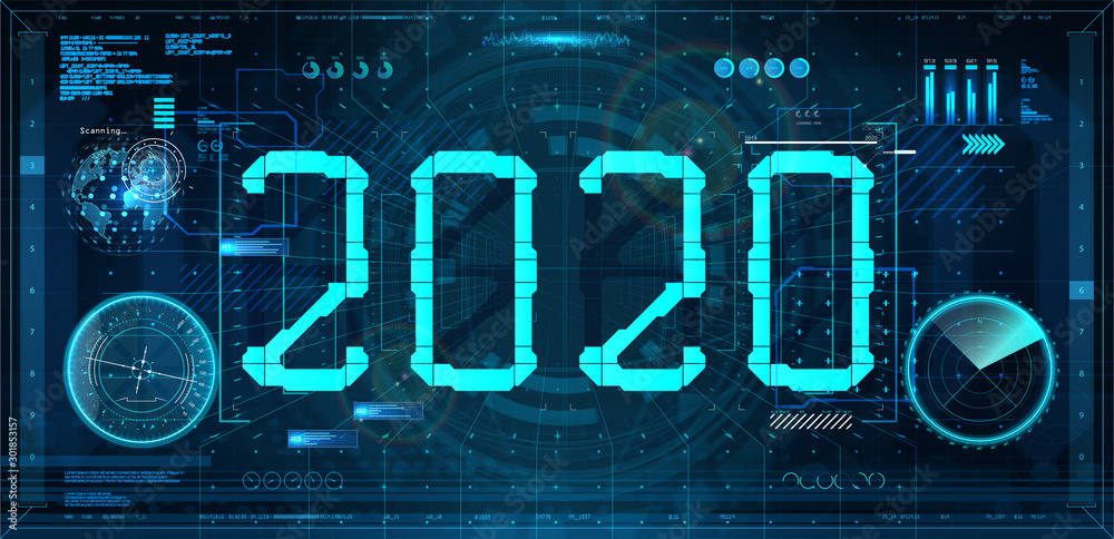 Aufkleber Technology 2020 New Year concept in futuristic style HUD. Digital banner. Design future 2020 tech background. Hi-tech concept. Vector illustration HUD Happy New Year