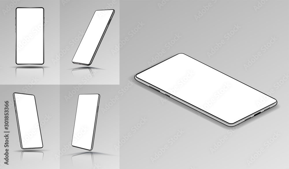 Poster detailed collection of smartphones at various angles, with shadow and reflection. mockups mobile pho