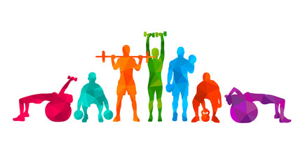 Detailed vector illustration silhouettes strong rolling people set girl and man sport fitness gym body-building workout powerlifting health training dumbbells barbell. Healthy lifestyle