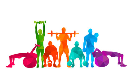 Detailed vector illustration silhouettes strong rolling people set girl and man sport fitness gym body-building workout powerlifting health training dumbbells barbell. Healthy lifestyle - obrazy, fototapety, plakaty