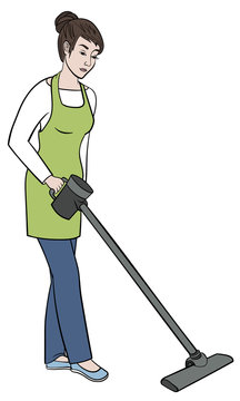 Girl cleaner cleans with a vacuum cleaner. Young woman in an apron holds a cordless vacuum cleaner. Housewife is doing the hoovering. Vector illustration drawings on a white background