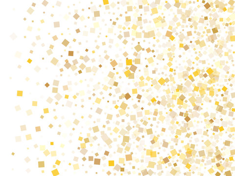 Small gold square confetti sparkles falling on white. Glittering Christmas vector sequins background. Gold foil confetti party explosion graphic design. Many particles surprise backdrop.