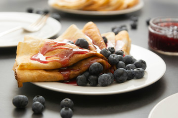 Stack of thyn pancakes. Homemade pancakes with blueberry, for breakfast isoalted.