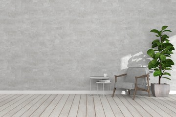 Interior wall of mock up living room. Concrete wall and vintage grey easy chair on wooden floor, create tone of easy vintage interior design style with free space. 3D illustration. - 301856309