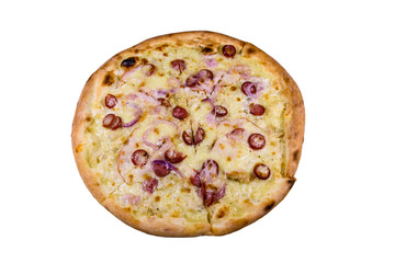 Pizza with sausages, ham and parmesan cheese isolated on a white background