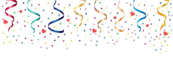 Set of carnival party serpentine, confetti and red heart decoration. Colorful and shiny.