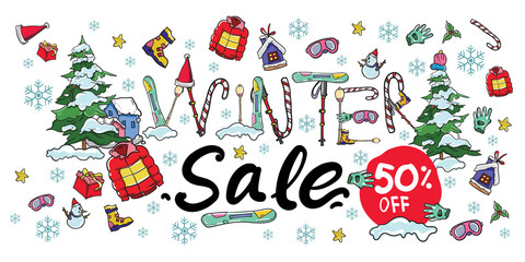 Fototapeta na wymiar Winter sale 50% off banner doodle illustration. Background and pattern for new year 2020, Christmas, and winter sales promotion material.
