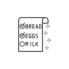 List of products bread eggs milk butter paper icon. Simple line, outline vector of grocery icons for ui and ux, website or mobile application