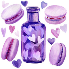 set of hearts and cakes macaroons, ribbons, bows, a bottle of lavender color watercolor illustration on an isolated white background.