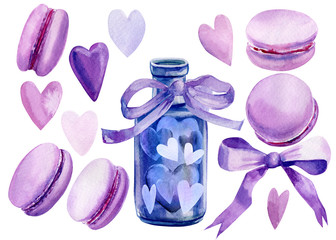 set of hearts and cakes macaroons, ribbons, bows, a bottle of lavender color watercolor illustration on an isolated white background.