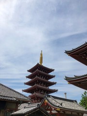 Fototapeta premium The most famous shrine in Tokyo, Sensoji Temple and its five storied pagoda. Picture taken on a beautiful sunny day.