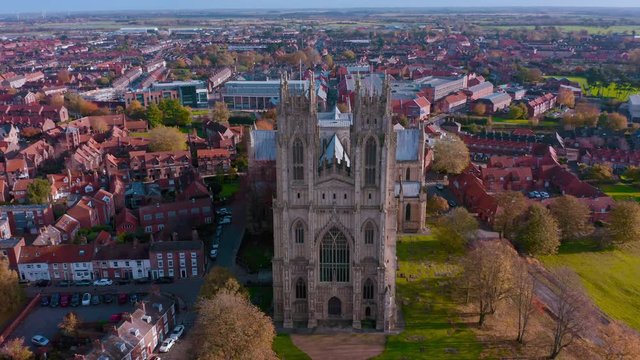 Aerial footage of the front of Beverley Minster - The large Gothic church in the North of England. Shout in Autumn / Fall of 2019