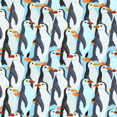 Seamless pattern with a many emperor penguin on blue background.