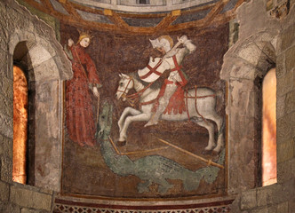 San Giorgio e il drago; affresco nella chiesa romanica di San Giorgio a Vigoleno (Piacenza)