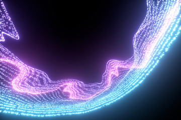 Glowing and flowing particles with dark background, 3d rendering.