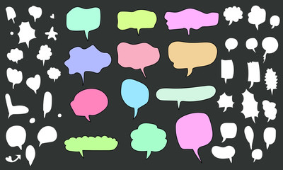 Vector of speech bubble set with text, words. Creative hand drawn doodle. Chat icon collection. Inbox, dialog, talk, communication, thinking, sale, hello, wow, boom symbol can use for banner, print