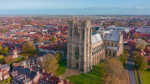 Aerial footage of the front of Beverley Minster - The large Gothic church in the North of England. Shout in Autumn / Fall of 2019