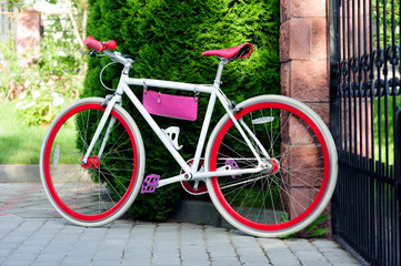Fototapeta na wymiar white and red bike. Stylish female red bike. standing on a sunny day outside. good pagoda for cycling.