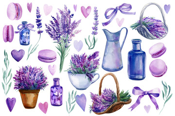 Satz von Elementen von Lavendelblüten auf einem isolierten weißen Hintergrund, ein Korb mit Lavendel, Vase, Flasche, Herzen, Blumenstrauß, Macarons, Aquarellillustration, Handzeichnung