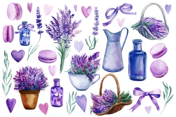 Glasschilderij Lavendel set van elementen van lavendel bloemen op een afgelegen witte achtergrond, een mand met lavendel, vaas, fles, harten, boeket, macarons, aquarel illustratie, handtekening
